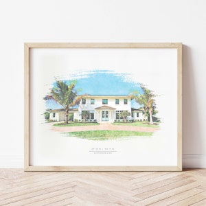 May include: A watercolor painting of a white house with a blue door and palm trees. The house is surrounded by a green lawn and a blue sky. The text "27&deg; 13' N, 81&deg; 14' W" and "Our Forever Home" are written below the house.
