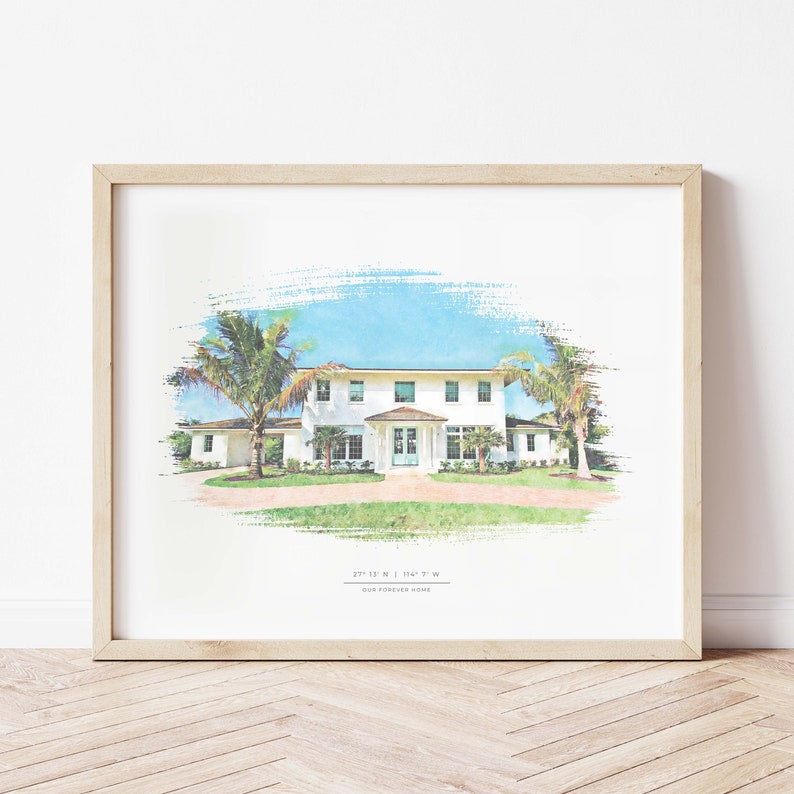 May include: A watercolor painting of a white house with a blue door and palm trees. The house is surrounded by a green lawn and a blue sky. The text "27&deg; 13' N, 81&deg; 14' W" and "Our Forever Home" are written below the house.