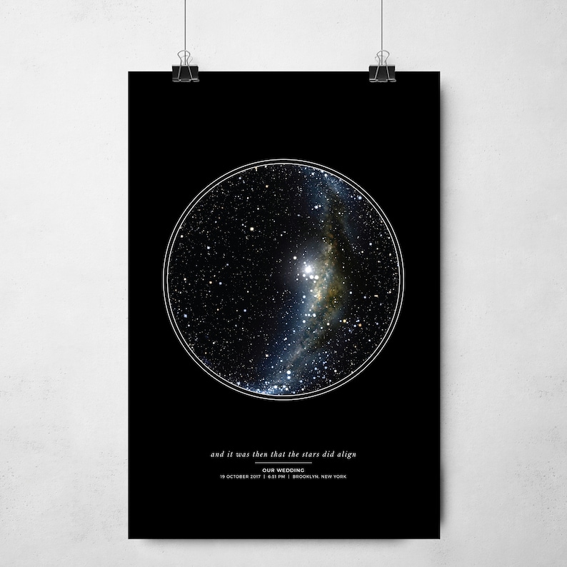 May include: A black and white star map print with the text "and it was then that the stars did align" and "OUR WEDDING 19 OCTOBER 2017 | 6:53 PM | BROOKLYN, NEW YORK".
