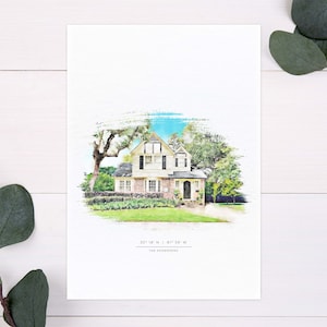 May include: A watercolor illustration of a white house with a brick facade, surrounded by green trees and a lush lawn. The house has a black roof, black windows, and a black front door. The text "30&deg; 18' N | 81&deg; 39' W" and "THE ANDERSONS" is printed below the house.