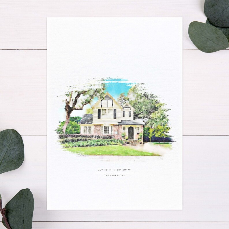 May include: A watercolor illustration of a white house with a brick facade, surrounded by green trees and a lush lawn. The house has a black roof, black windows, and a black front door. The text "30&deg; 18' N | 81&deg; 39' W" and "THE ANDERSONS" is printed below the house.
