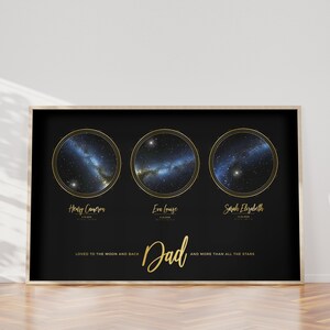 May include: A black and gold framed print with three circular images of the night sky. Each circle features a different constellation with the names "Henry Cameron", "Eva Louise", and "Sarah Elizabeth" below. The text "Loved to the moon and back Dad and more than all the stars" is printed below the images.