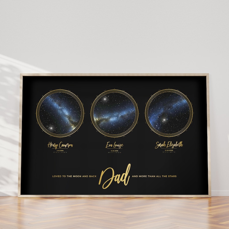 May include: A black and gold framed print with three circular images of the night sky. Each circle features a different constellation with the names "Henry Cameron", "Eva Louise", and "Sarah Elizabeth" below. The text "Loved to the moon and back Dad and more than all the stars" is printed below the images.