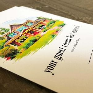 May include: A watercolor illustration of a house with a red door and green landscaping. The text "your guest room has moved. (come visit, call first)" is printed below the image. The text "THE ALBROOK FAMILY 12594 SUGARHILL DRIVE | RICHMOND" is printed at the bottom of the card.