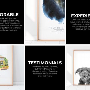 May include: Three framed prints with white backgrounds and black text. The first print features a watercolor painting of a house with a green lawn. The second print features a watercolor painting of a starry night sky. The third print features a black and white illustration of a dog. The text on the prints reads "MEMORABLE", "EXPERIENCE", and "TESTIMONIALS".