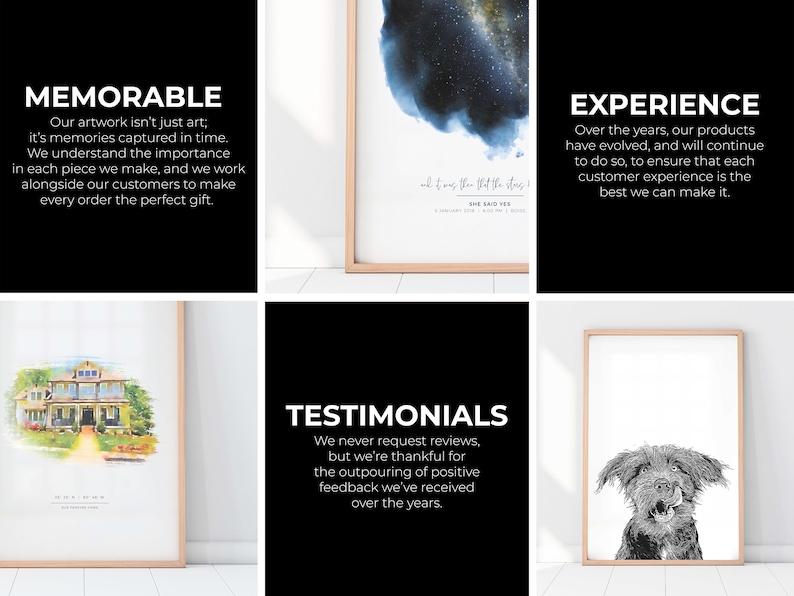 May include: Three framed prints with white backgrounds and black text. The first print features a watercolor painting of a house with a green lawn. The second print features a watercolor painting of a starry night sky. The third print features a black and white illustration of a dog. The text on the prints reads "MEMORABLE", "EXPERIENCE", and "TESTIMONIALS".