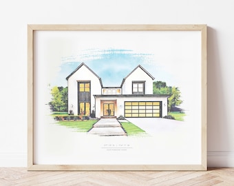 Portrait de la douane | Cadeau de pendaison de crémaillère | Cadeau première maison | Illustration pour la maison | Portrait à la maison à l'aquarelle | Cadeau de clôture pour agent immobilier | uvres d'art pour la maison