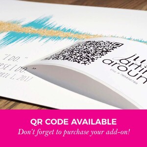 May include: A white card with a turquoise and gold sound wave design. The card has the text "I do." "'Cause I do." "April 1, 2017." A QR code is visible on a white sticker with the text "Arti around" and "Etsy #789456789". The text "QR CODE AVAILABLE Don't forget to purchase your add-on!" is on a pink background.