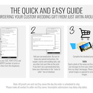 May include: A three-step guide to ordering a custom wedding gift. The guide includes choosing the size, font style, and quantity of the print, adding personalization, and completing the checkout process. The guide also includes a note that all proofs are sent via Etsy convo the day the order is scheduled to ship.