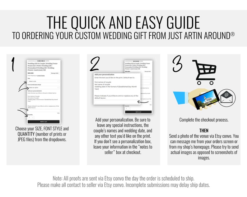 May include: A three-step guide to ordering a custom wedding gift. The guide includes choosing the size, font style, and quantity of the print, adding personalization, and completing the checkout process. The guide also includes a note that all proofs are sent via Etsy convo the day the order is scheduled to ship.