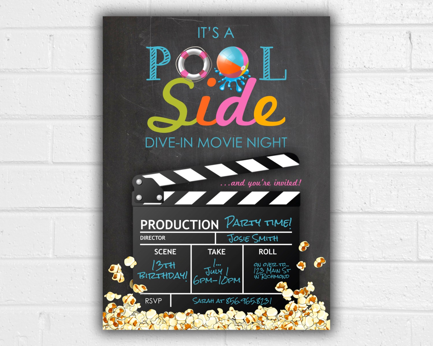 Pool Party Invitation JPEG printable Movie Party Summer Etsy