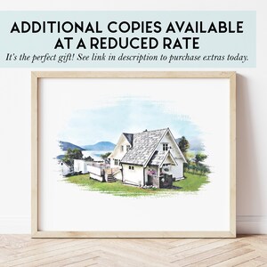 May include: Watercolor painting of a white house with a gray roof. The house is surrounded by green grass and trees. There is a body of water in the background.