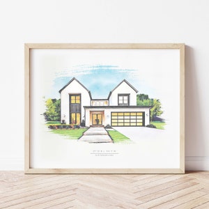 May include: A watercolor illustration of a modern two-story house with a white exterior, black windows, and a garage door. The house is surrounded by green grass and trees. The text "27&deg;13' N | 116&deg;7' W" and "OUR FOREVER HOME" is printed below the house.