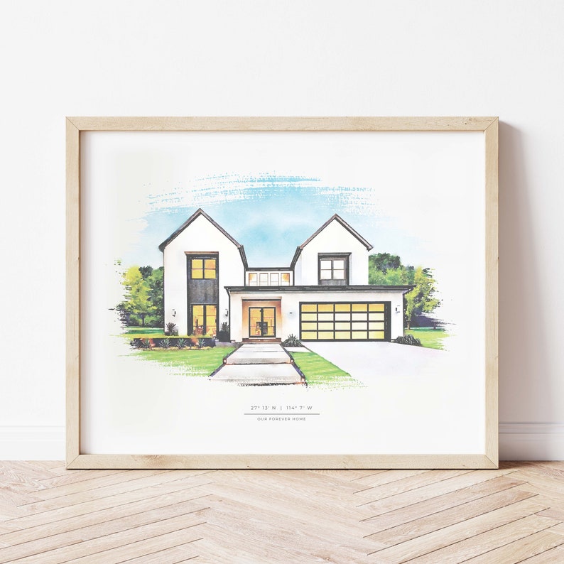 May include: A watercolor illustration of a modern two-story house with a white exterior, black windows, and a garage door. The house is surrounded by green grass and trees. The text "27&deg;13' N | 116&deg;7' W" and "OUR FOREVER HOME" is printed below the house.