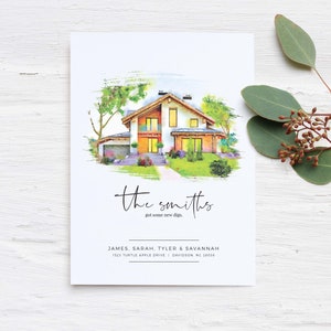 May include: A watercolor illustration of a house with a green lawn and trees. The text "the smiths got some new digs." is below the house. The address "1523 Turtle Apple Drive Davidson NC 28036" is below the text.