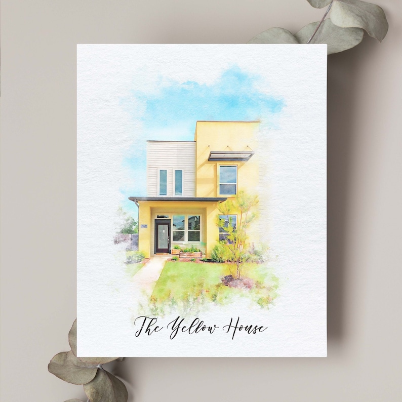 Aangepaste huisportret in aquarelstijl. Perfect verhuiscadeau voor thuisdecoratie. Geef als makelaar cadeau. afbeelding 2