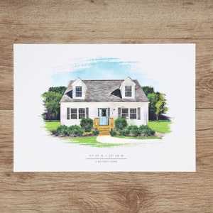 May include: A watercolor illustration of a white house with a blue door and a wooden porch. The house has a gray roof and green bushes around it. The text "111&deg; 27' N | 33&deg; 29' W OUR FIRST HOME" is below the house.
