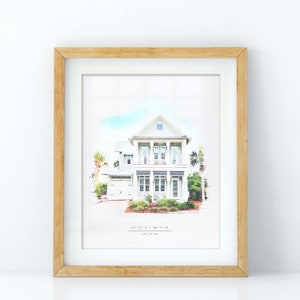 May include: A watercolor painting of a white house with a light blue roof and green landscaping. The house has a porch with white columns and white shutters. The text "30&deg; 20' N | 86&deg; 11' W" and "LIFE ON 30A" are printed below the house.