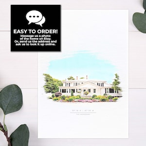May include: A watercolor illustration of a white house with a green lawn and landscaping. The address is 30&deg; 18' N | 81&deg; 39' W and the name is THE ANDERSONS.