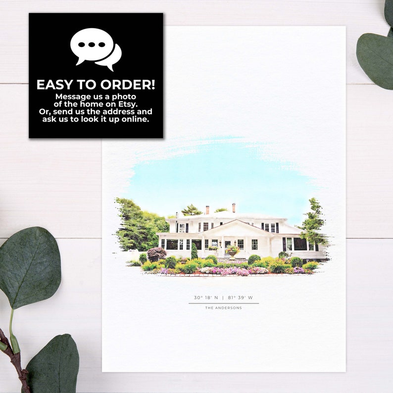 May include: A watercolor illustration of a white house with a green lawn and landscaping. The address is 30&deg; 18' N | 81&deg; 39' W and the name is THE ANDERSONS.