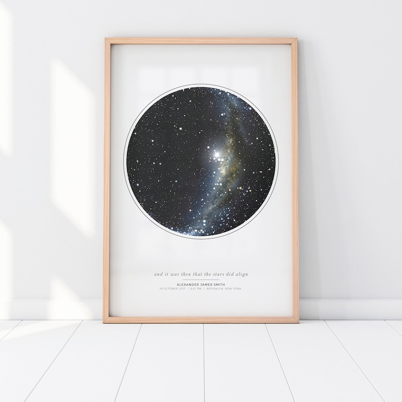May include: A framed print with a black and white star map in a circle. The text below the map reads "and it was then that the stars did align" followed by "ALEXANDER JAMES SMITH" and the date "18 OCTOBER 2017 | 1:48 PM | BROOKLYN, NEW YORK".