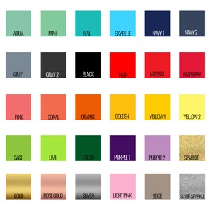 May include: A color chart with 36 different colors, including aqua, mint, teal, sky blue, navy, gray, black, red, magenta, raspberry, pink, coral, orange, golden, yellow, sage, lime, green, purple, sparkle, gold, rose gold, silver, light pink, beige, and silver sparkle.