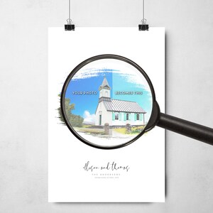 May include: A white church with a blue roof and green shutters is shown through a magnifying glass. The text "Your Photo Becomes This" is written on the glass. The text "Alison and Thomas The Andersens Established 20 April 2019" is written below the magnifying glass.