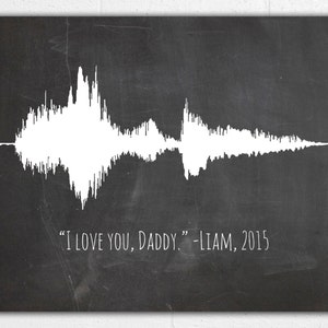 May include: A black and white image of a sound wave on a chalkboard background. The text "I love you, Daddy" - Liam, 2015 is written below the sound wave.