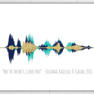 May include: A white background with a blue and teal sound wave graphic with gold glitter. The text "YOU'RE THE BEST, I LOVE YOU! -JULIANA, KAILEIA, & ISAIAH, 2016" is below the graphic.