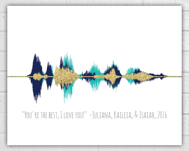 May include: A white background with a blue and teal sound wave graphic with gold glitter. The text "YOU'RE THE BEST, I LOVE YOU! -JULIANA, KAILEIA, & ISAIAH, 2016" is below the graphic.