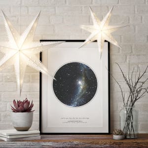 May include: A framed print of a star map with a black background and white stars. The text below the map reads "and it was then that the stars did align" and "ALEXANDER JAMES SMITH 10 OCTOBER 2017, 11:11 PM,  BROOKLYN, NEW YORK".