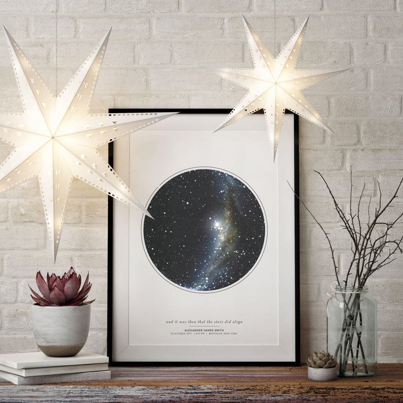 May include: A framed print of a star map with a black background and white stars. The text below the map reads "and it was then that the stars did align" and "ALEXANDER JAMES SMITH 10 OCTOBER 2017, 11:11 PM,  BROOKLYN, NEW YORK".