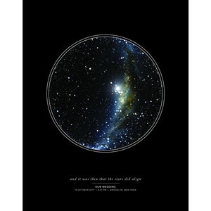 May include: A black and white star chart print with a circle around the stars. The text below the chart reads "and it was then that the stars did align" and "OUR WEDDING 19 OCTOBER 2017 | 6:51 PM | BROOKLYN, NEW YORK".