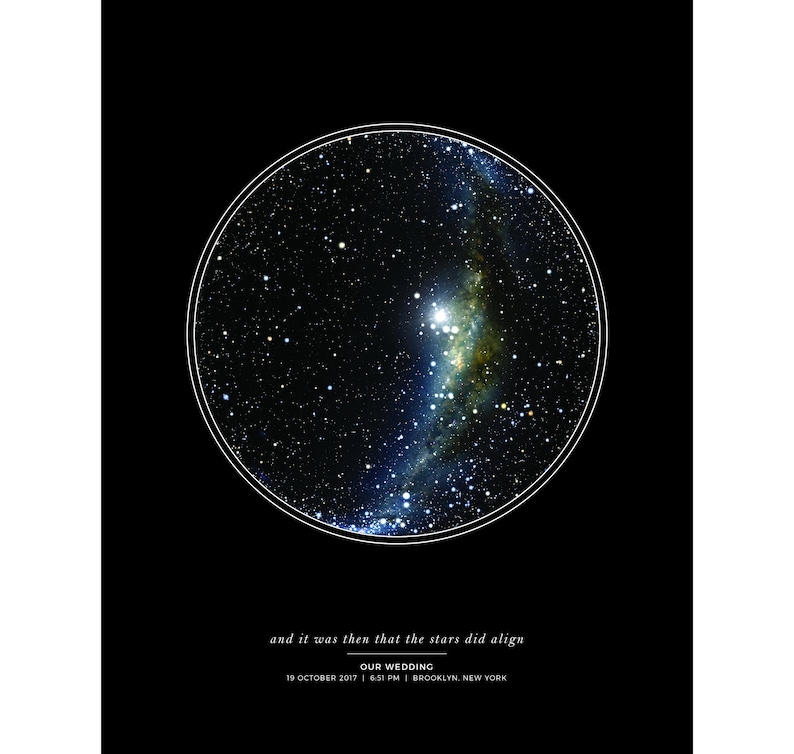 May include: A black and white star chart print with a circle around the stars. The text below the chart reads "and it was then that the stars did align" and "OUR WEDDING 19 OCTOBER 2017 | 6:51 PM | BROOKLYN, NEW YORK".