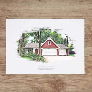 May include: A watercolor illustration of a red house with a white garage door and green trees. The text "52&deg; 13' N | 33&deg; 29' W" and "Memories Made Here" are below the house.