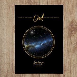 May include: A black and gold star map print with the text "Loved to the moon and back Dad and more than all the stars". The map shows the night sky on August 26, 2018 at 39&deg; 16' 47" N, 77&deg; 1' 37" W. The text "Eva Louise" is below the map.