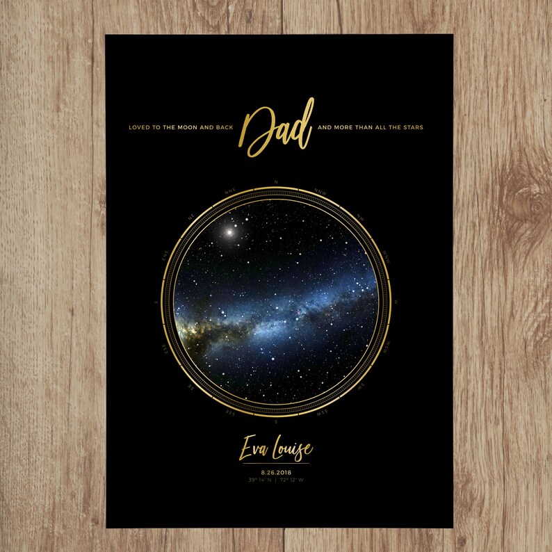 May include: A black and gold star map print with the text "Loved to the moon and back Dad and more than all the stars". The map shows the night sky on August 26, 2018 at 39&deg; 16' 47" N, 77&deg; 1' 37" W. The text "Eva Louise" is below the map.