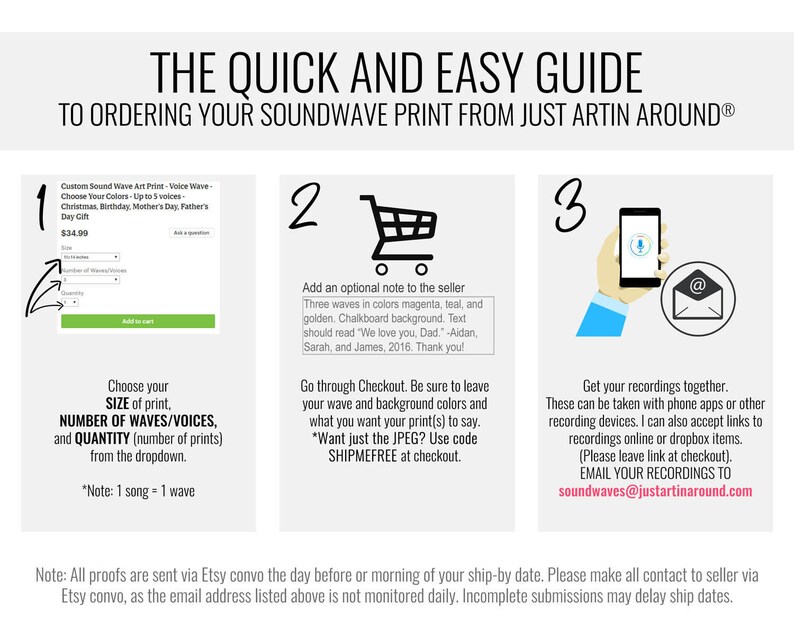 May include: A three-step guide to ordering a soundwave print from Just Artin Around. Step 1: Choose the size, number of waves/voices, and quantity. Step 2: Add an optional note to the seller. Step 3: Get your recordings together and email them to soundwaves@justartinaround.com.