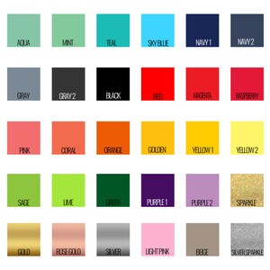 May include: A color chart with 24 different colors, including aqua, mint, teal, sky blue, navy, gray, black, red, magenta, raspberry, pink, coral, orange, golden, yellow, sage, lime, green, purple, sparkle, gold, rose gold, silver, light pink, beige, and silver sparkle.