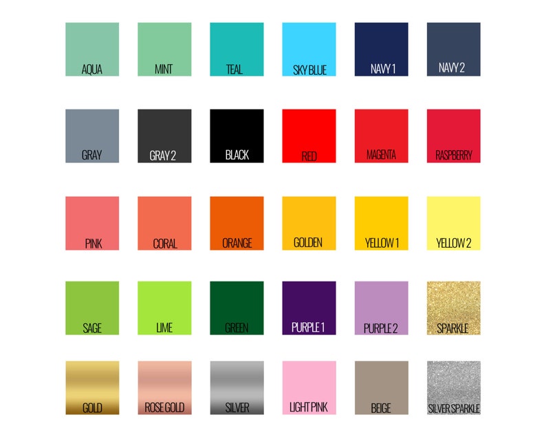 May include: A color chart with 24 different colors, including aqua, mint, teal, sky blue, navy, gray, black, red, magenta, raspberry, pink, coral, orange, golden, yellow, sage, lime, green, purple, sparkle, gold, rose gold, silver, light pink, beige, and silver sparkle.