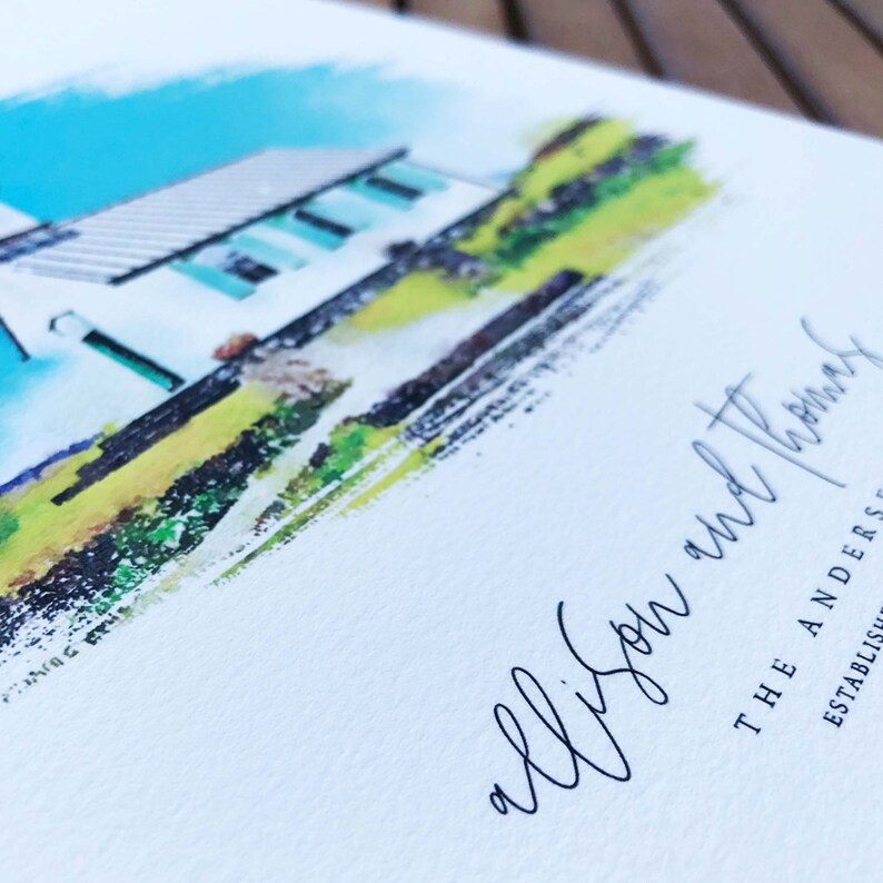 May include: A watercolor painting of a white building with a green roof and green windows. The building is set against a blue sky and green grass. The text "allison and thomas" is written in black cursive below the building. The text "THE ANDERSEN ESTABLISHMENT" is written in black below the cursive text.