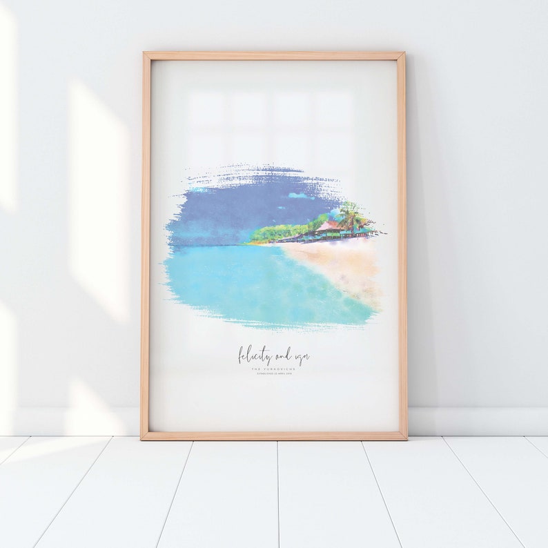 May include: A watercolor painting of a tropical beach scene with palm trees, a sandy beach, and turquoise water. The text "felicity and sea" is written below the image.