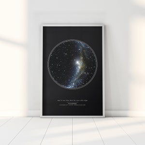 May include: A black and white star map print with a circle showing the alignment of the stars on a specific date. The text below reads "and it was then that the stars did align. Our Wedding. 15 October 2017, 6:45 PM | Brooklyn, New York."