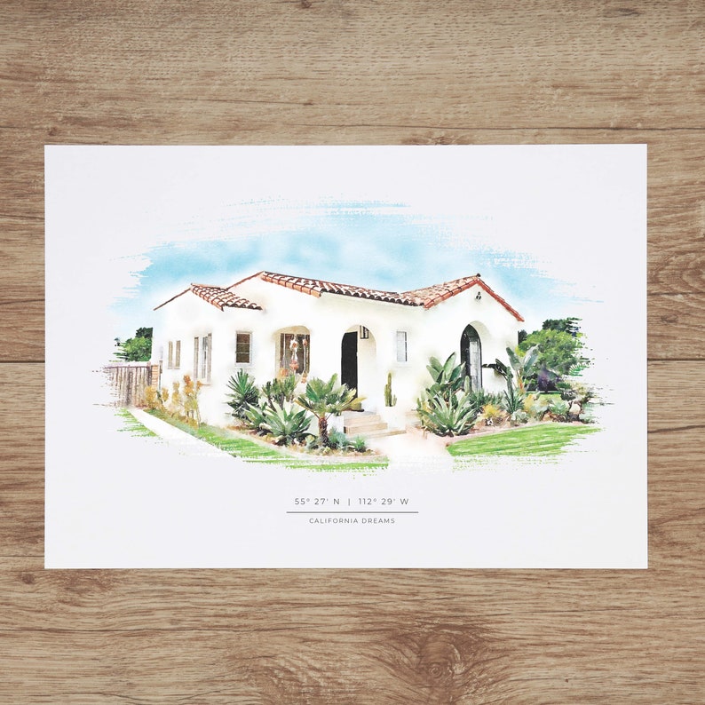 May include: A watercolor illustration of a white house with a red tile roof. The house has a front porch with a wooden door and a walkway leading to the front door. The house is surrounded by green plants and trees. The text "35&deg; 27' N | 112&deg; 29' W" and "CALIFORNIA DREAMS" is below the house.
