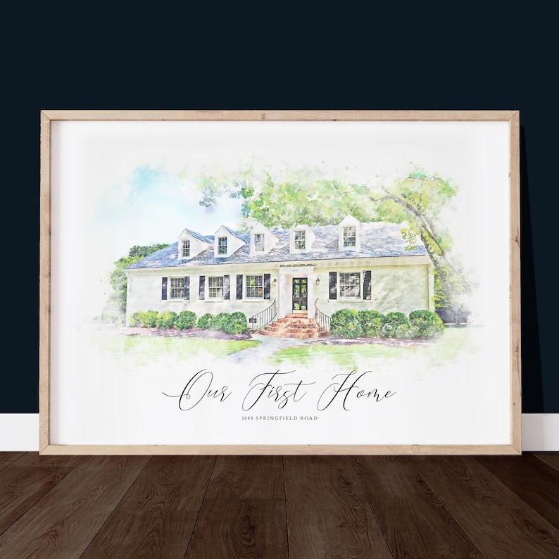 Retrato personalizado de una casa en estilo acuarela. Regalo perfecto para despedir a alguien que se muda. Ideal para decorar tu hogar. También es un excelente obsequio para agentes inmobiliarios. imagen 1