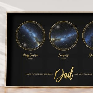 May include: A black and gold framed print with three circular star maps. The star maps show the constellations as they appeared on the dates listed below each map. The text reads "Henry Cameron 5.15.2015", "Eva Louise 8.26.2018", and "Loved to the moon and back Dad and more than all".