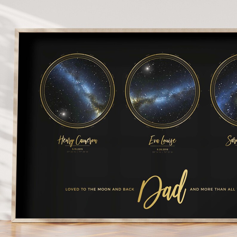 May include: A black and gold framed print with three circular star maps. The star maps show the constellations as they appeared on the dates listed below each map. The text reads "Henry Cameron 5.15.2015", "Eva Louise 8.26.2018", and "Loved to the moon and back Dad and more than all".