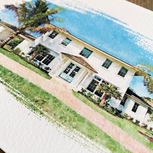 May include: A watercolor painting of a white house with a light blue door and a palm tree in the front yard.