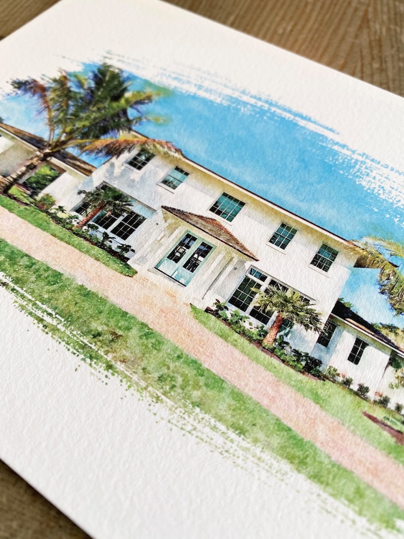 May include: A watercolor painting of a white house with a light blue door and a palm tree in the front yard.