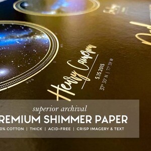 May include: A gold-toned print with a black background featuring a star map with a blue nebula. The print includes the text "Henry Camp" and the date "5.15.2015" along with coordinates. The text "Loved to the moon and back" is also included. The print is made with premium shimmer paper, 100% cotton, thick, acid-free, and has crisp imagery and text.